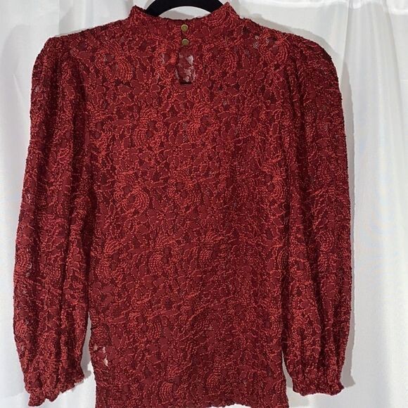 FREE PEOPLE MOCK NECK SHEER LACE BLOUSE WINE - Picture 5 of 8